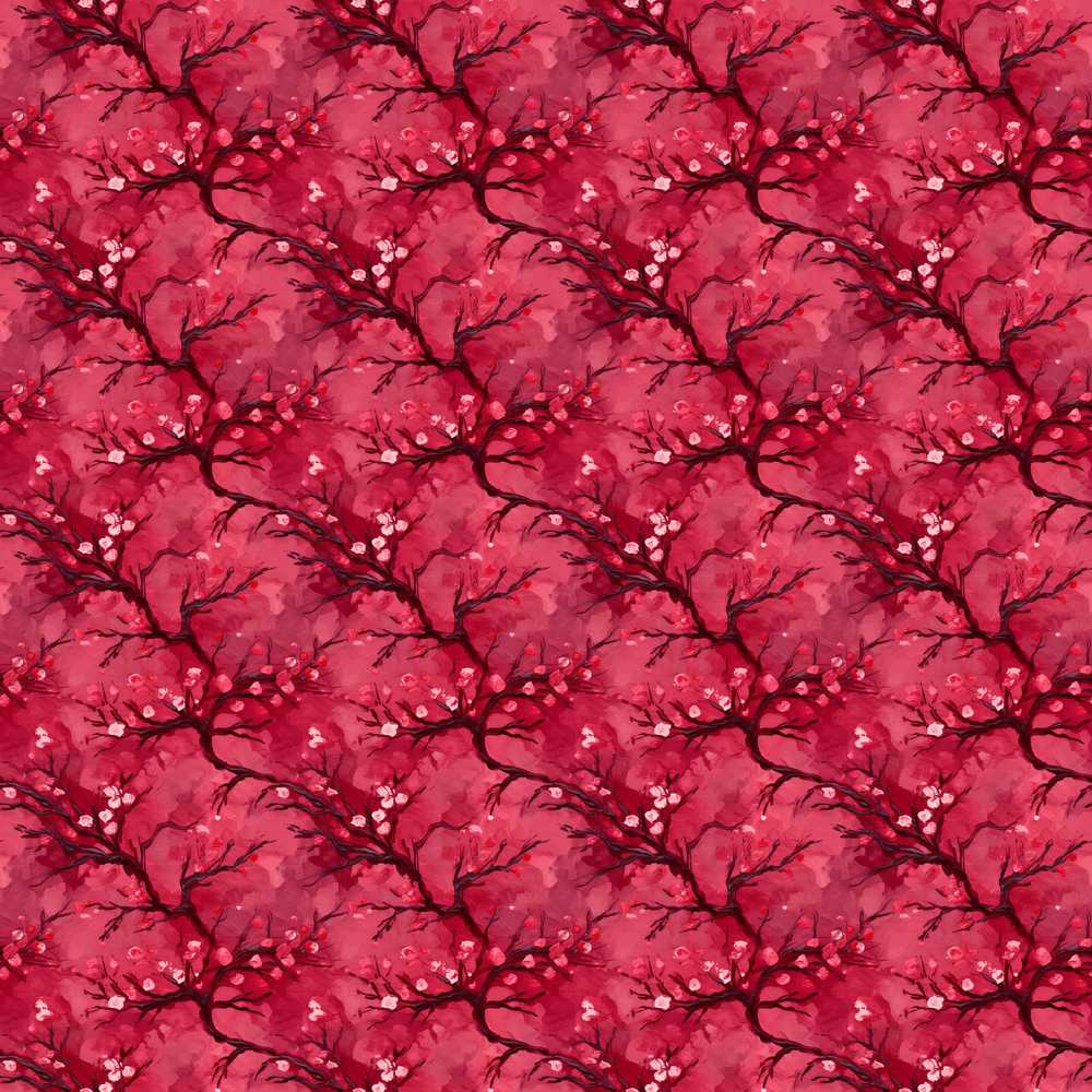 Watercolor Red Cherry Blossom Branch Wildflower Pattern Botanical