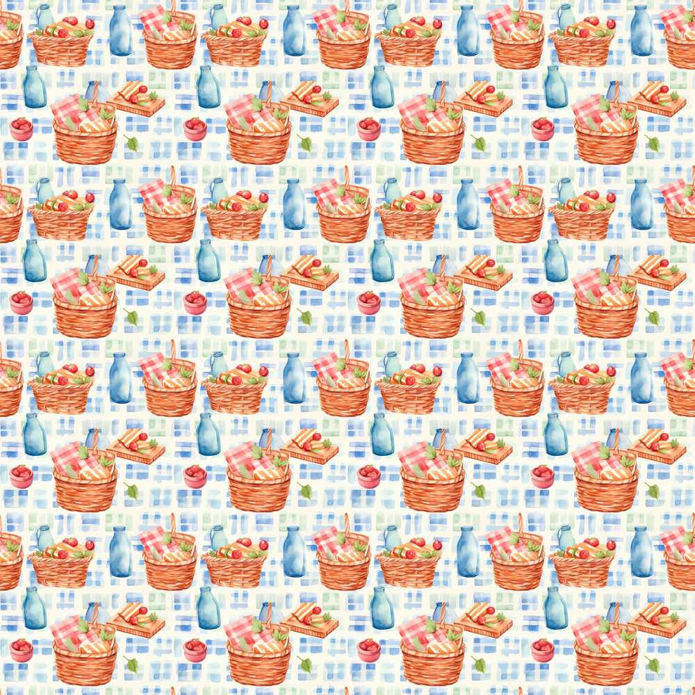 Watercolor Picnic Basket Food and Bottle Illustration Repeat