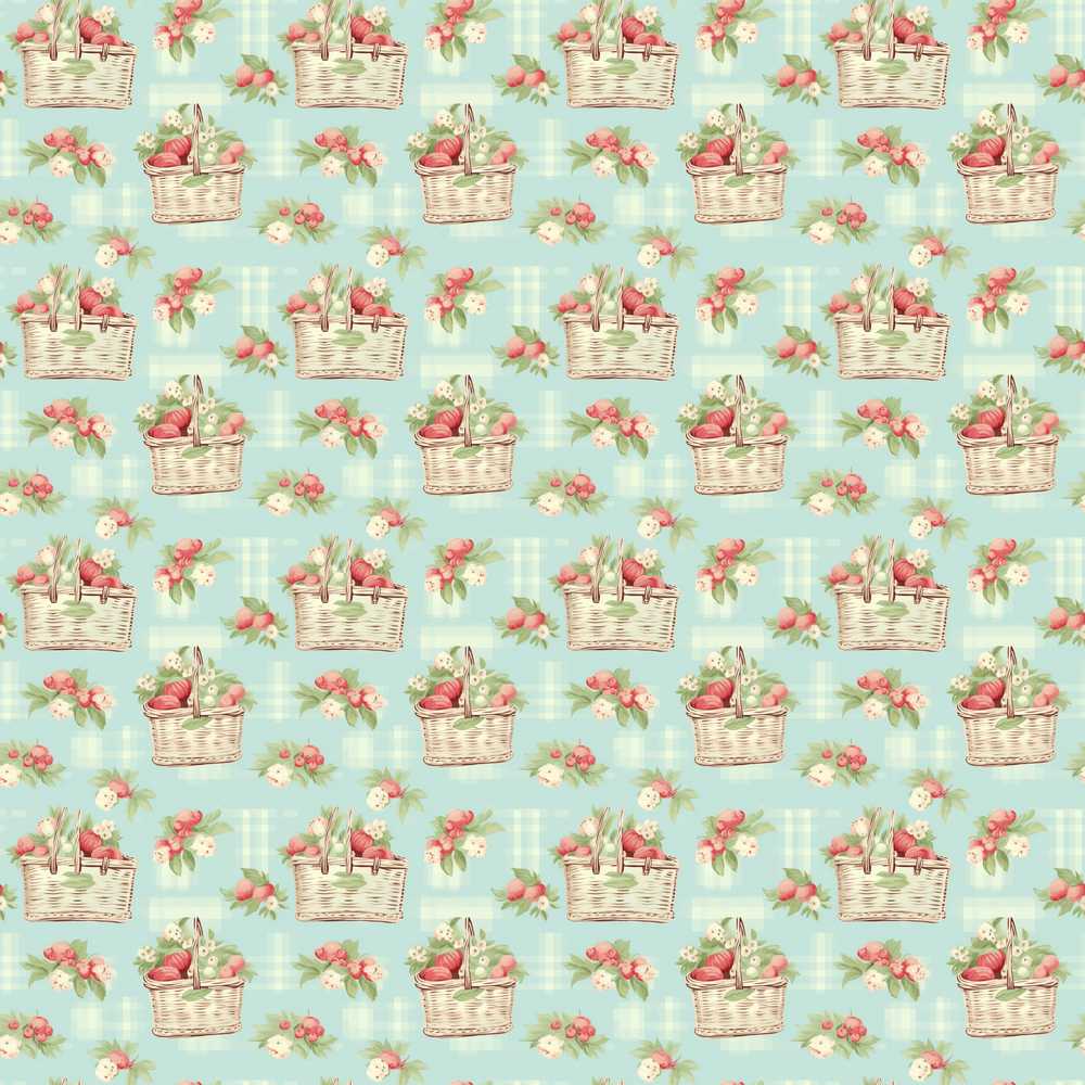 Vintage Strawberry Basket Floral Soft Blue Background Wildflower Pattern