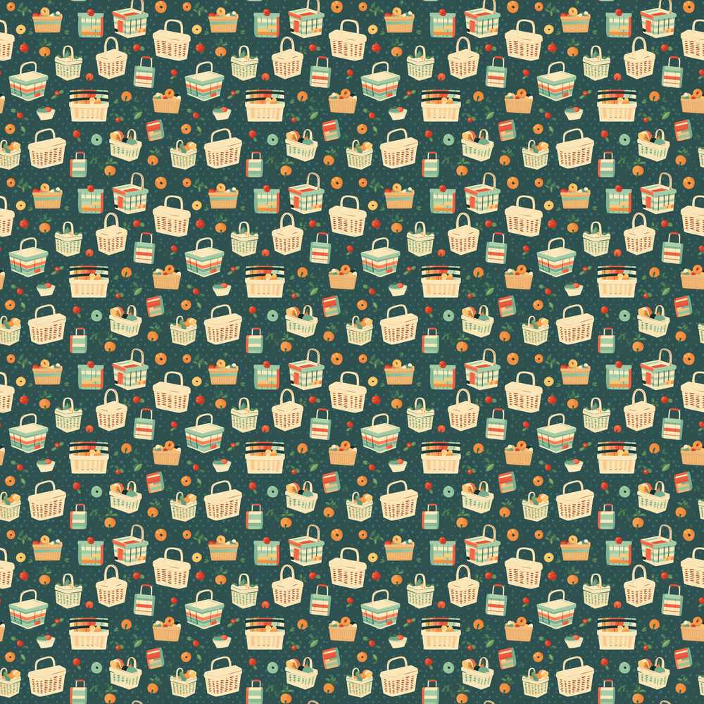 Playful Picnic Baskets and Fruit Dark Background Illustration