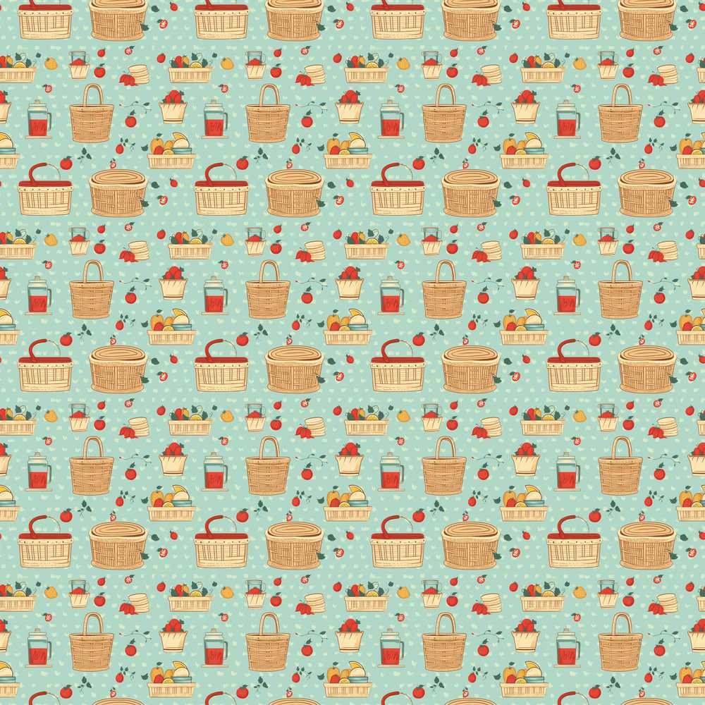 Cute Picnic Food and Basket Elements Soft Blue