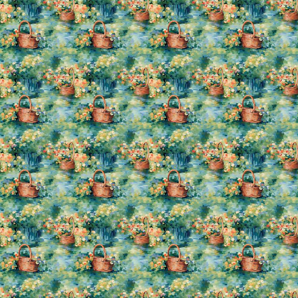 Impressionist Garden Picnic Baskets Floral Landscape Wildflower Pattern Botanical