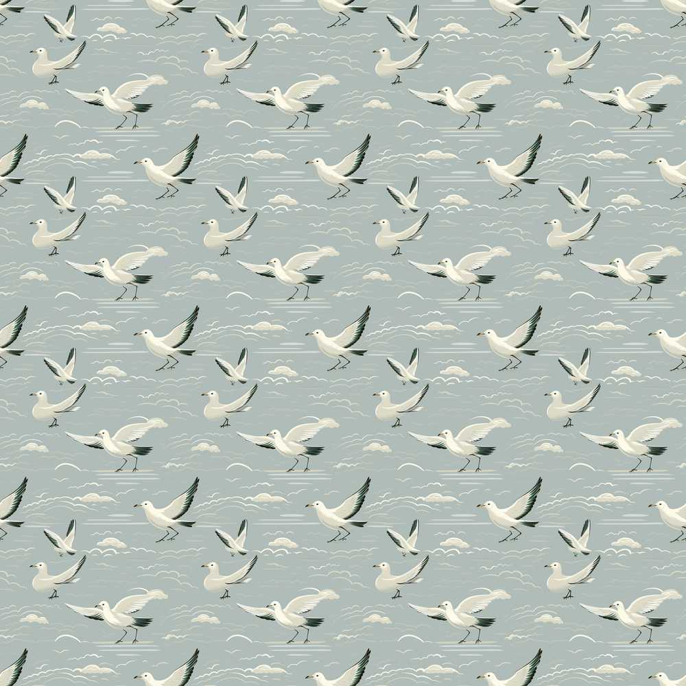Elegant Flying Seagulls Soft Cloud Sky Decorative Repeat