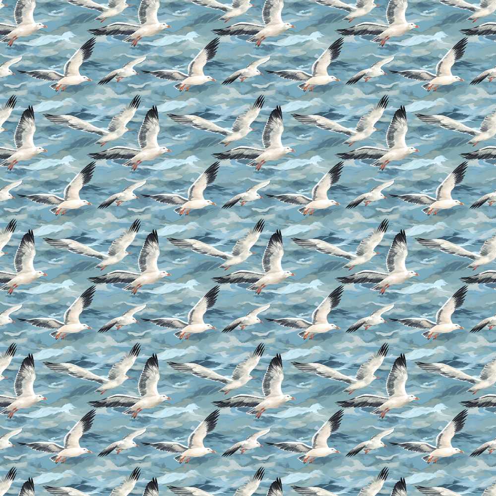 Realistic Seagulls Over Blue Sea Waves Coastal Illustration