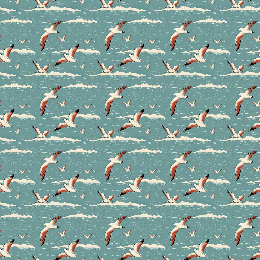 Flying Seagulls Over Ocean Waves Style Coastal Illustration