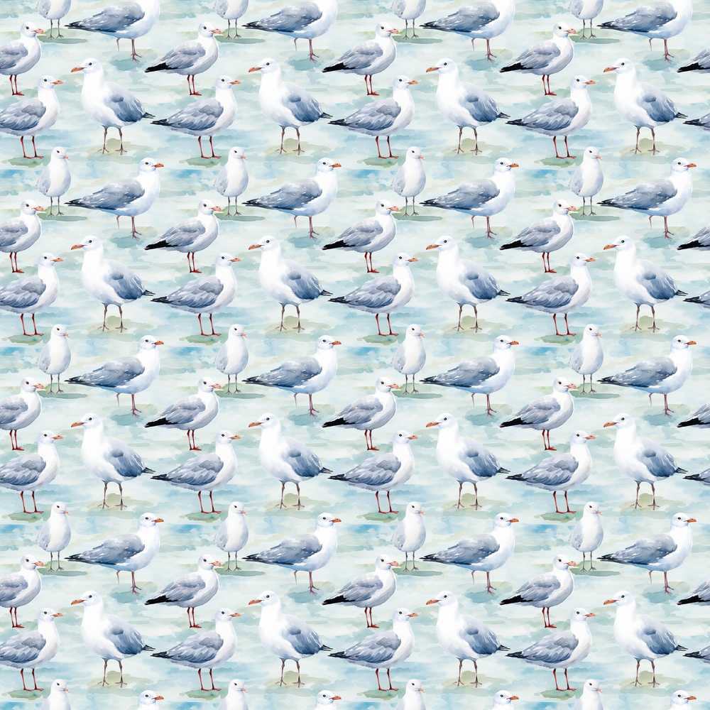 Soft Watercolor Seagulls Standing on Shore Decorative Repeat