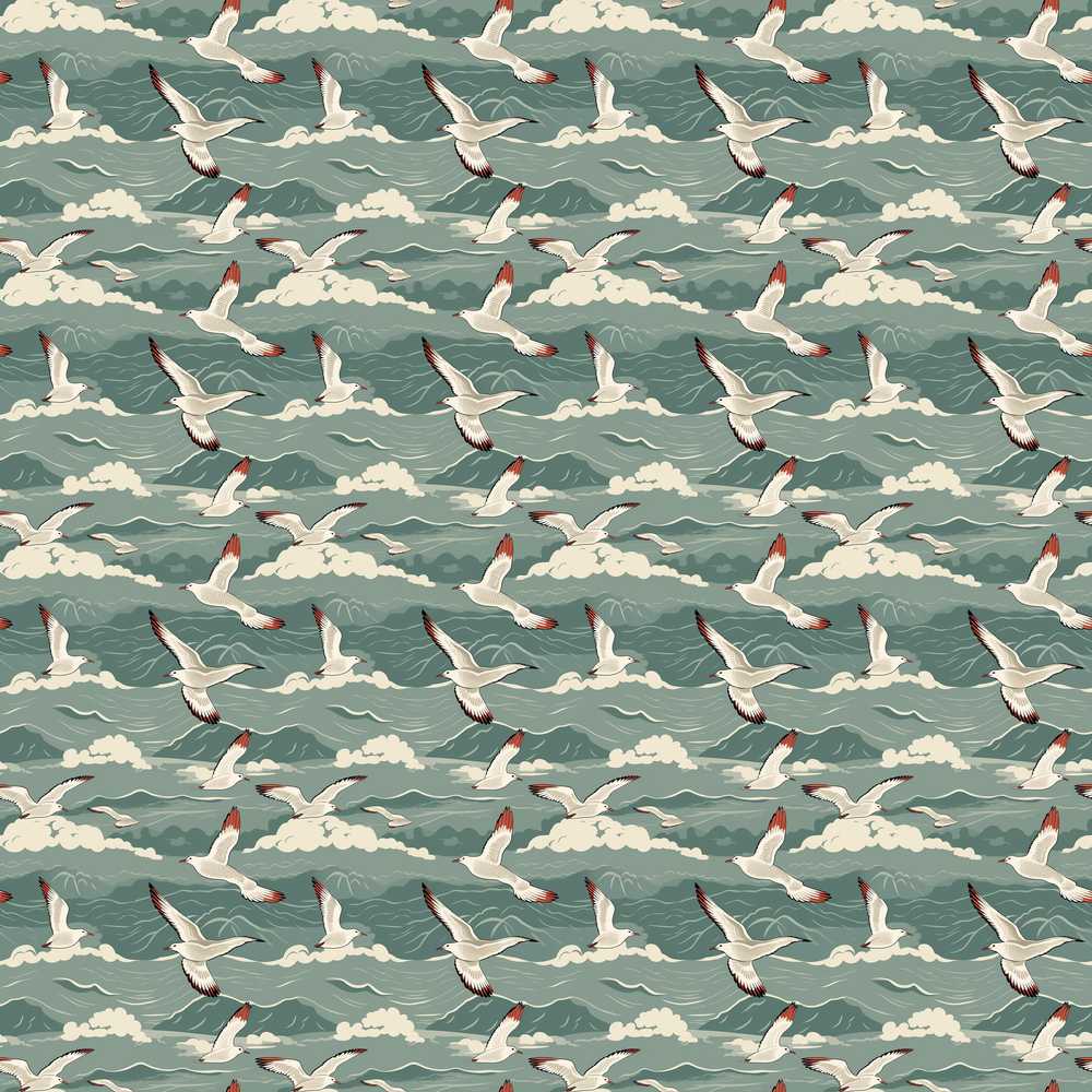Seagulls Flying Over Stylized Ocean Waves Coastal Illustration