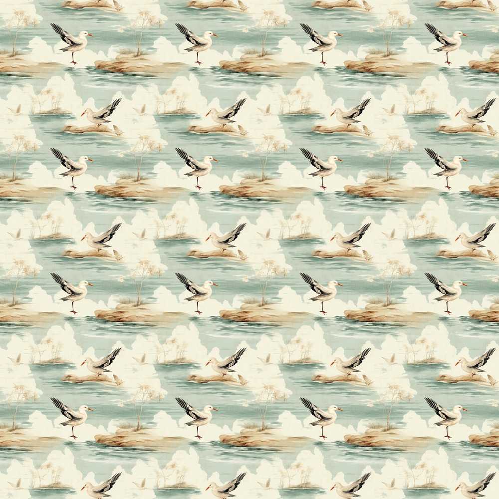 Vintage Coastal Scene Seagulls on Shore Landscape Illustration
