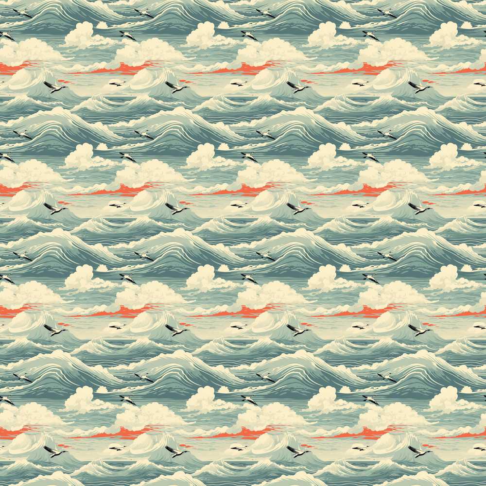 Ocean Waves with Flying Seabirds Scenic Coastal Illustration