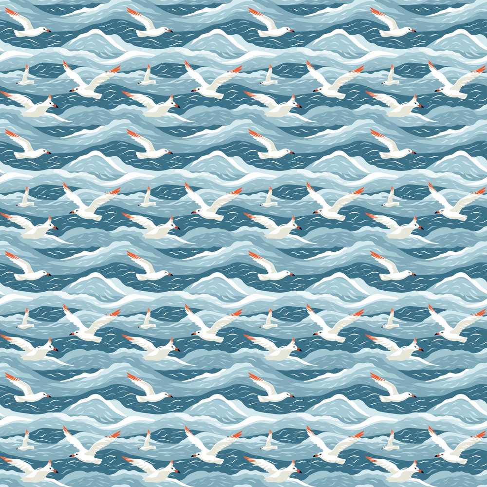 Seagulls Flying Over Ocean Waves Blue Coastal Illustration