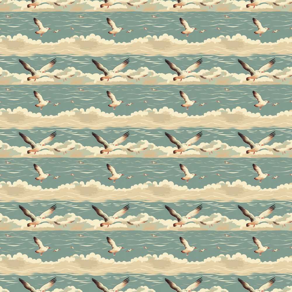 Seagulls Flying Above Sea Horizon Scenic Coastal Illustration