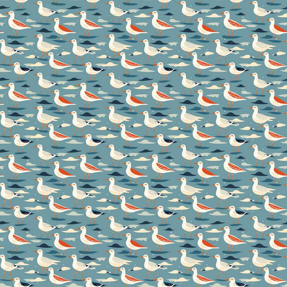 Stylized Seagulls with Abstract Ocean Shapes Coastal Illustration