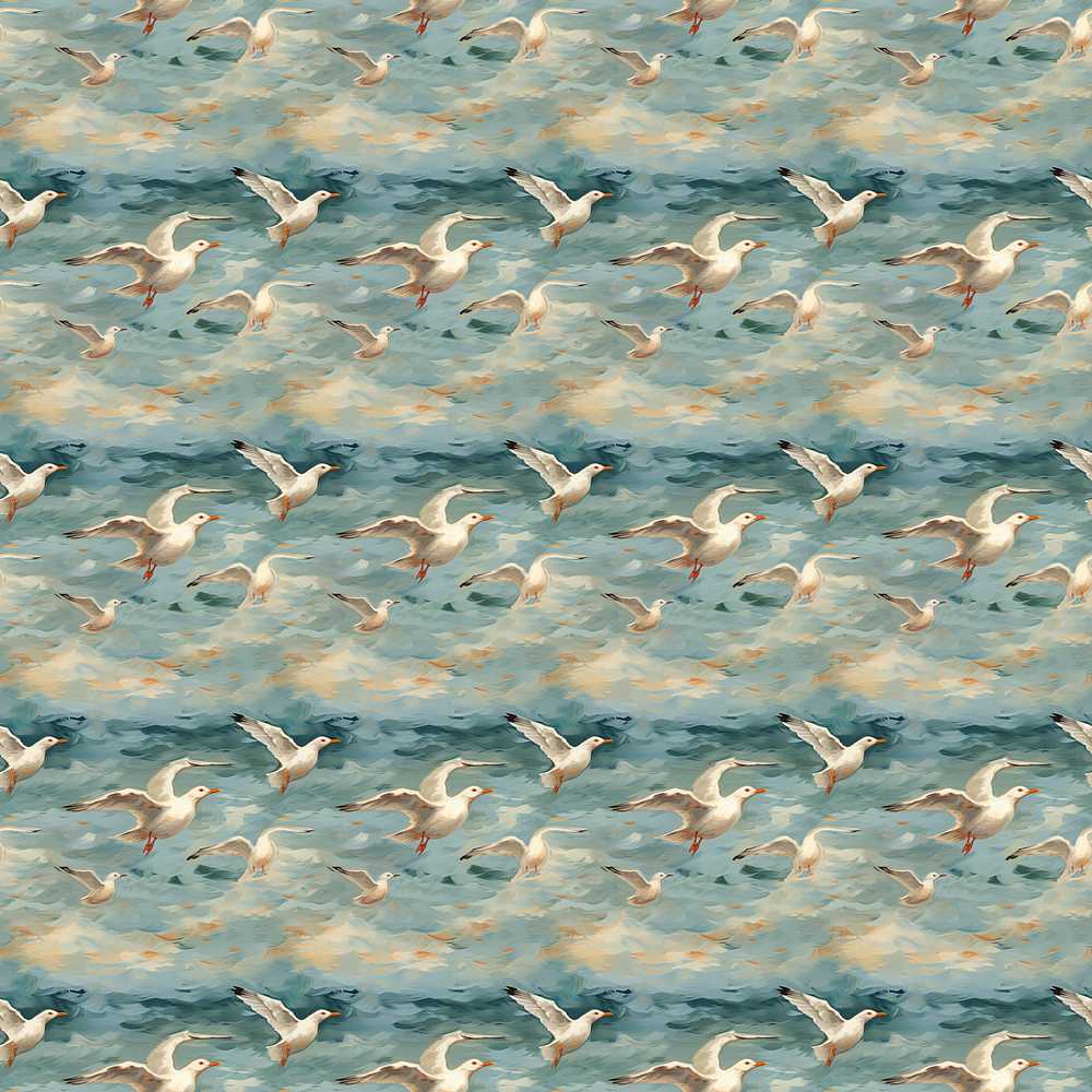 Painterly Seagulls Flying Over Ocean Waves Coastal Illustration