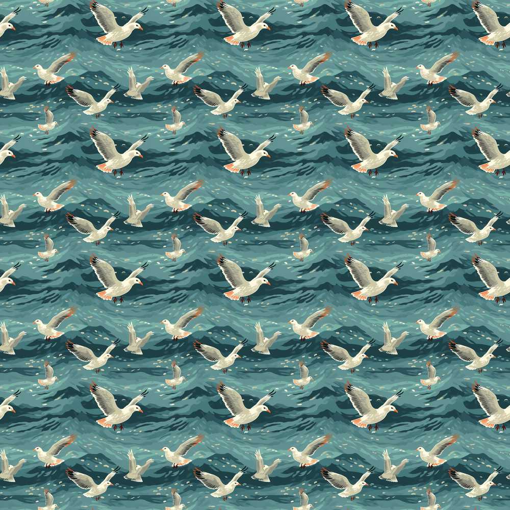 Seagulls Flying Over Deep Blue Ocean Waves Coastal