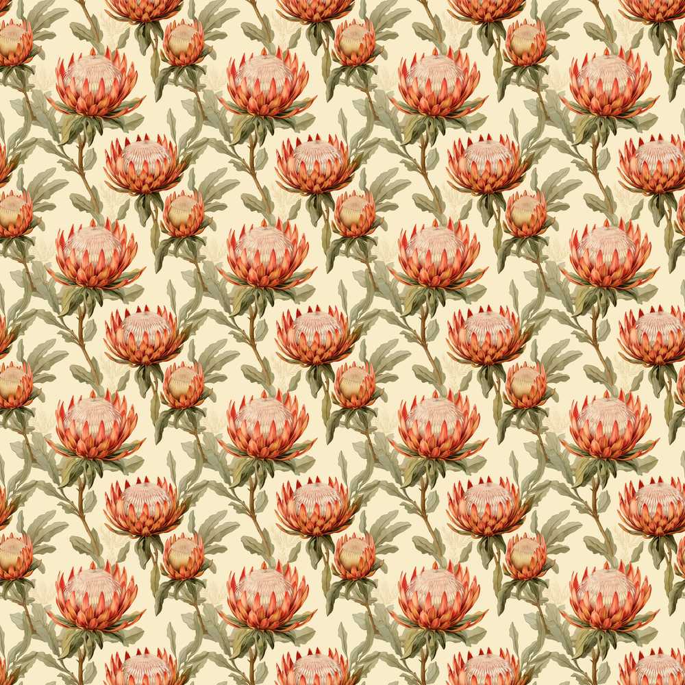 Warm Orange Protea Flower Vintage Botanical Wildflower Pattern
