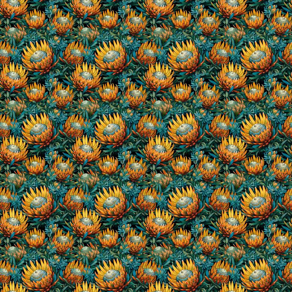 Vibrant Orange and Teal Protea Floral Wildflower Pattern Botanical