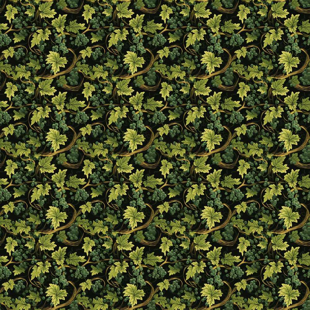 Dark Green Grape Vine Leaves and Fruit Wildflower Pattern