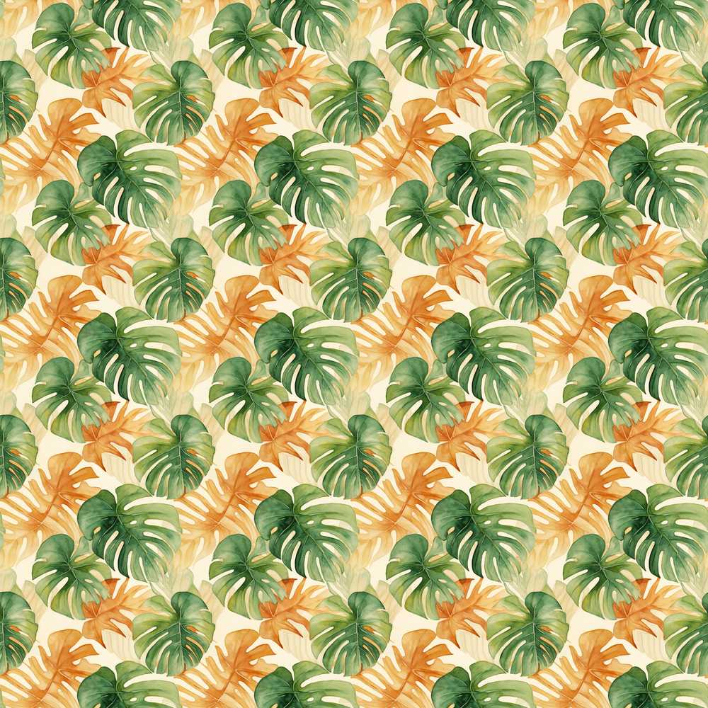 Green and Warm Orange Tropical Monstera Leaves Wildflower Pattern