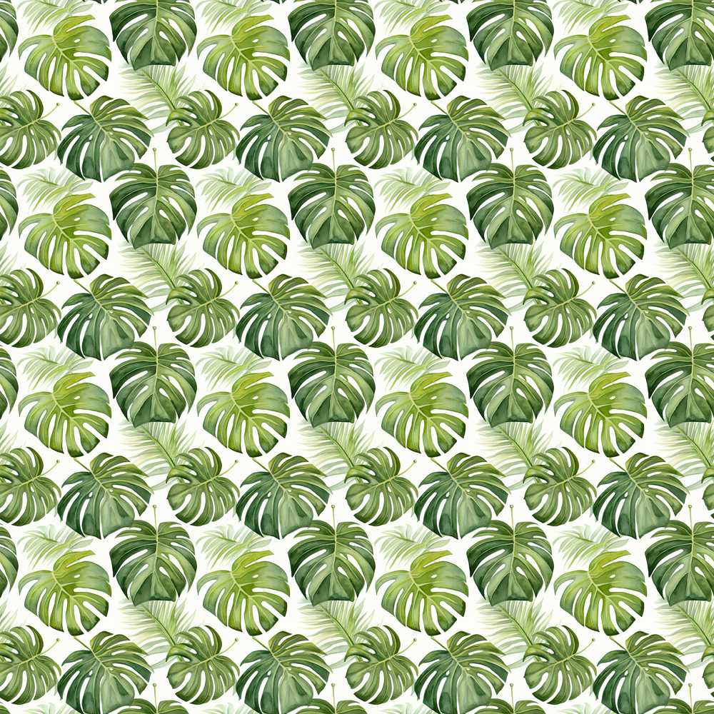 Classic Green Monstera and Palm Leaves Tropical Wildflower Pattern