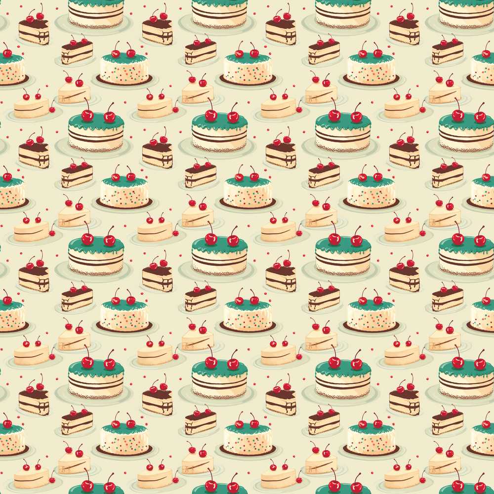 Cherry Celebration Cake Dessert Illustration Repeat Pattern Design