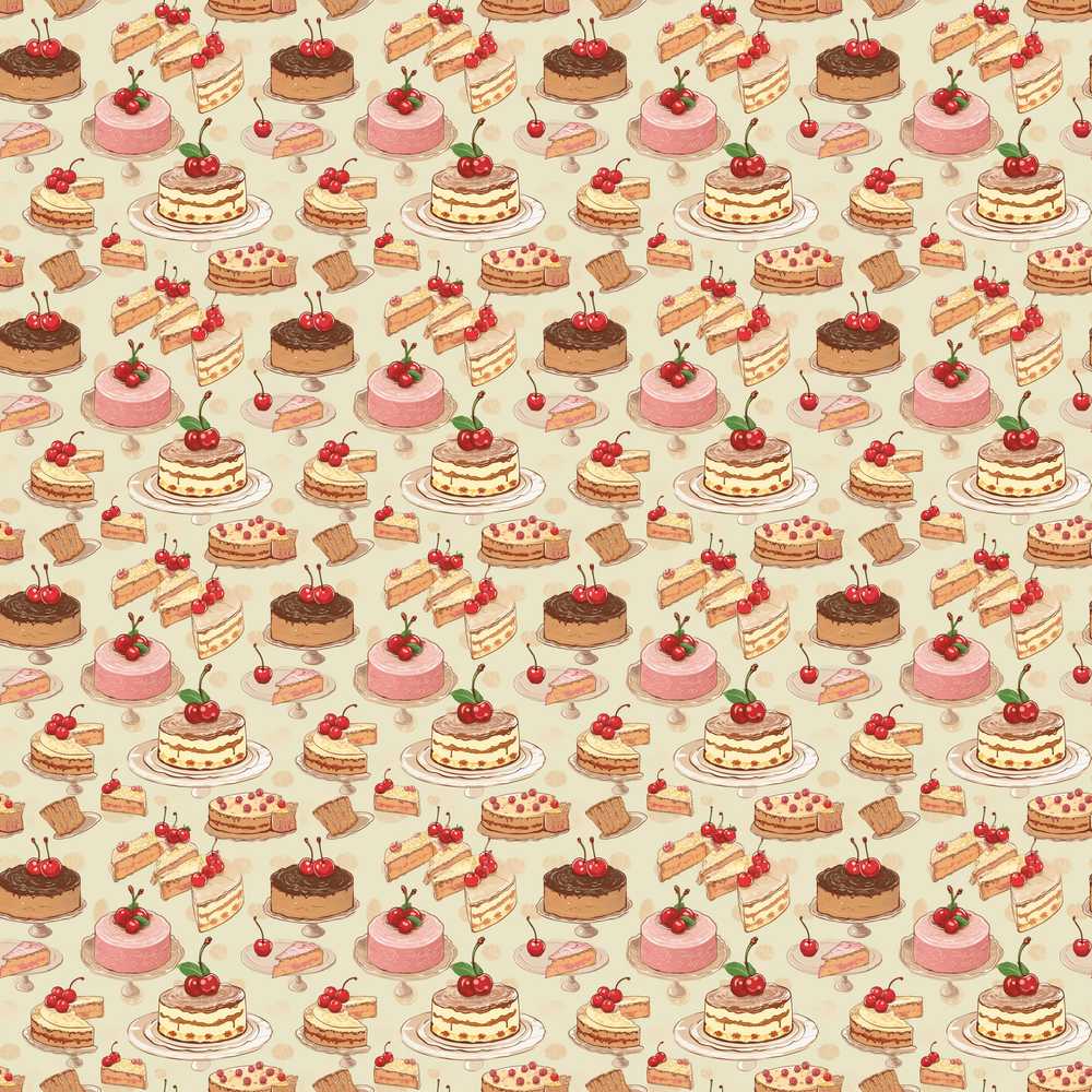 Vintage Cake Selection with Cherry Toppings Illustration Repeat