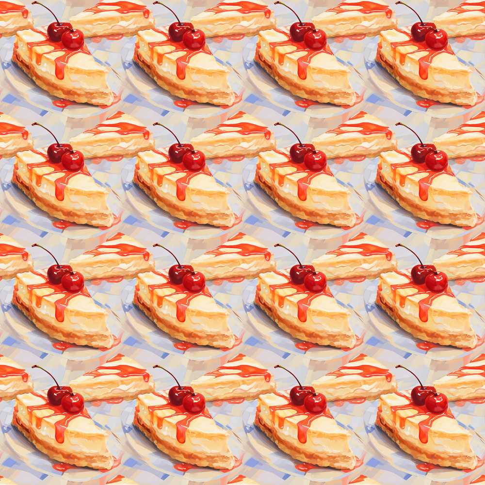Cherry Drizzle Cheesecake Slice Close Up Illustration Repeat