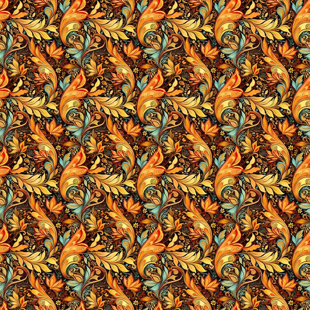 Golden Orange Ornamental Paisley Leaf Swirl Wildflower Pattern Botanical