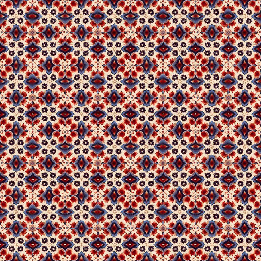 Red Blue Geometric Floral Tile Wildflower Pattern Botanical