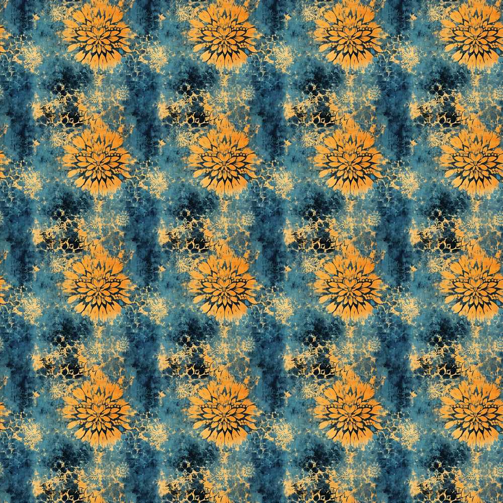 Teal Mustard Abstract Floral Grunge Wildflower Pattern Botanical
