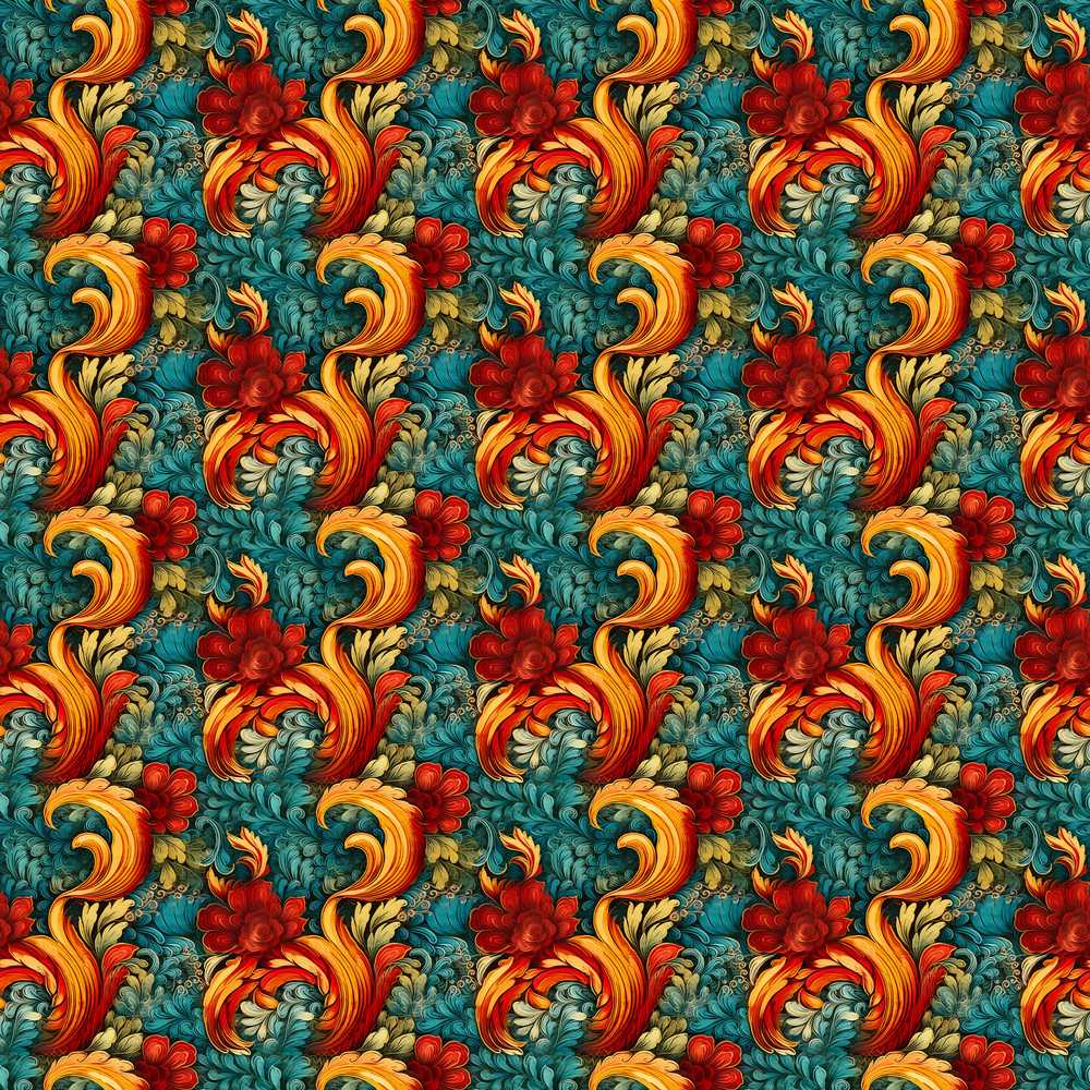 Teal Orange Baroque Floral Swirl Wildflower Pattern Botanical