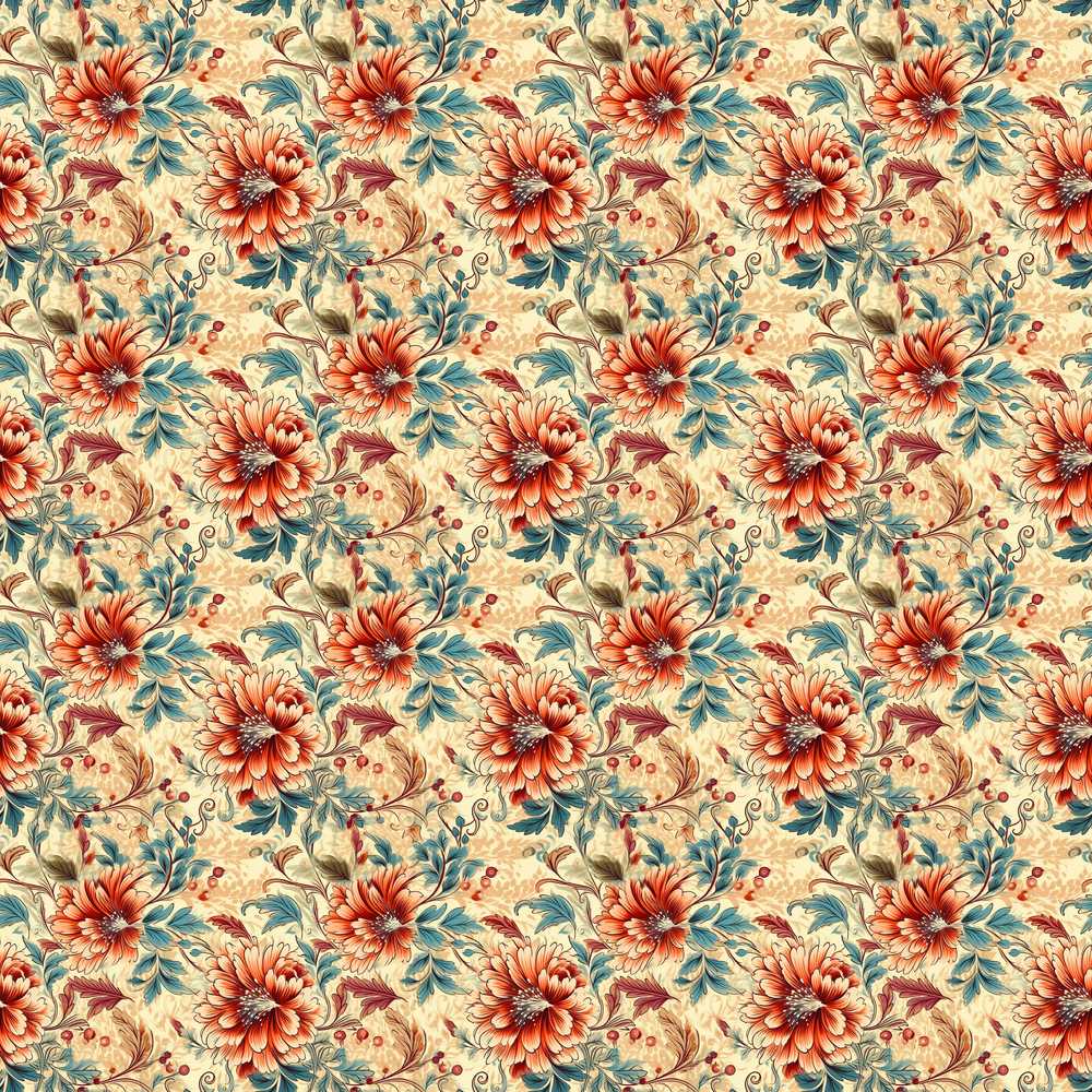 Vintage Orange Blue Botanical Floral Wildflower Pattern