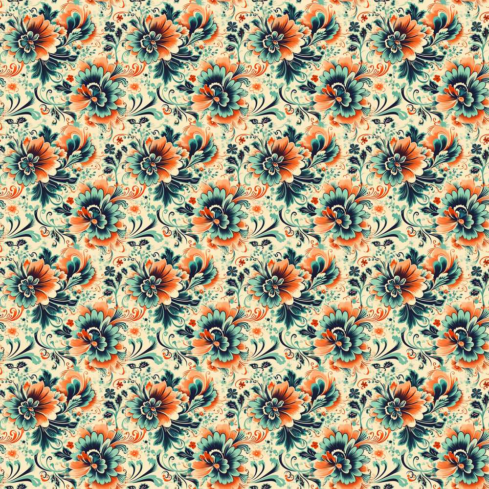 Teal Orange Floral Garden Wildflower Pattern Botanical