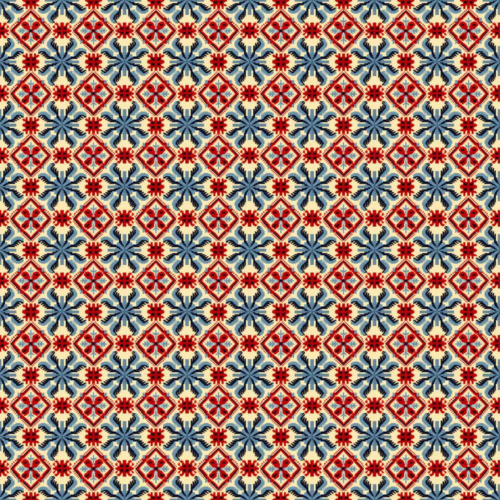 Traditional Red Blue Geometric Folk Repeat Pattern Decorative