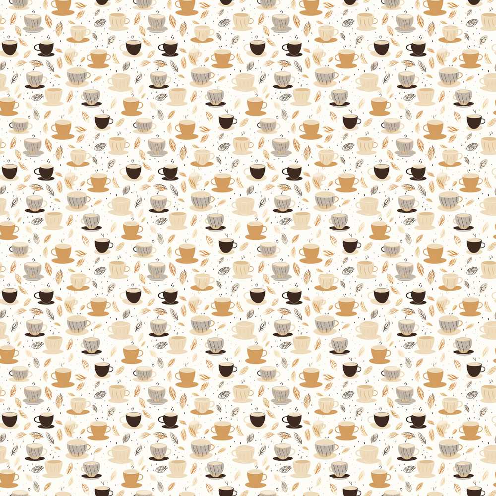 Minimal Coffee Cups and Leaves Neutral Tone Wildflower Pattern