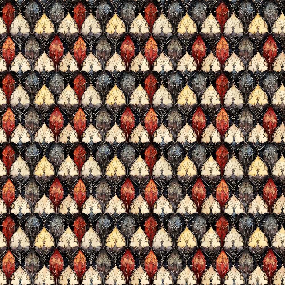 Classic Art Deco Geometric Floral Red and Black Wildflower