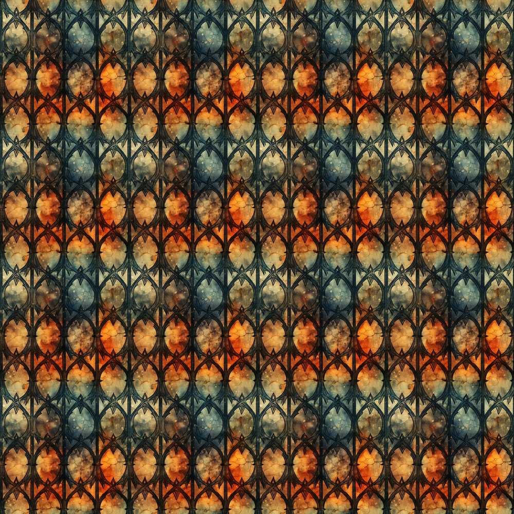 Gothic Stained Glass Arch Warm Orange and Teal