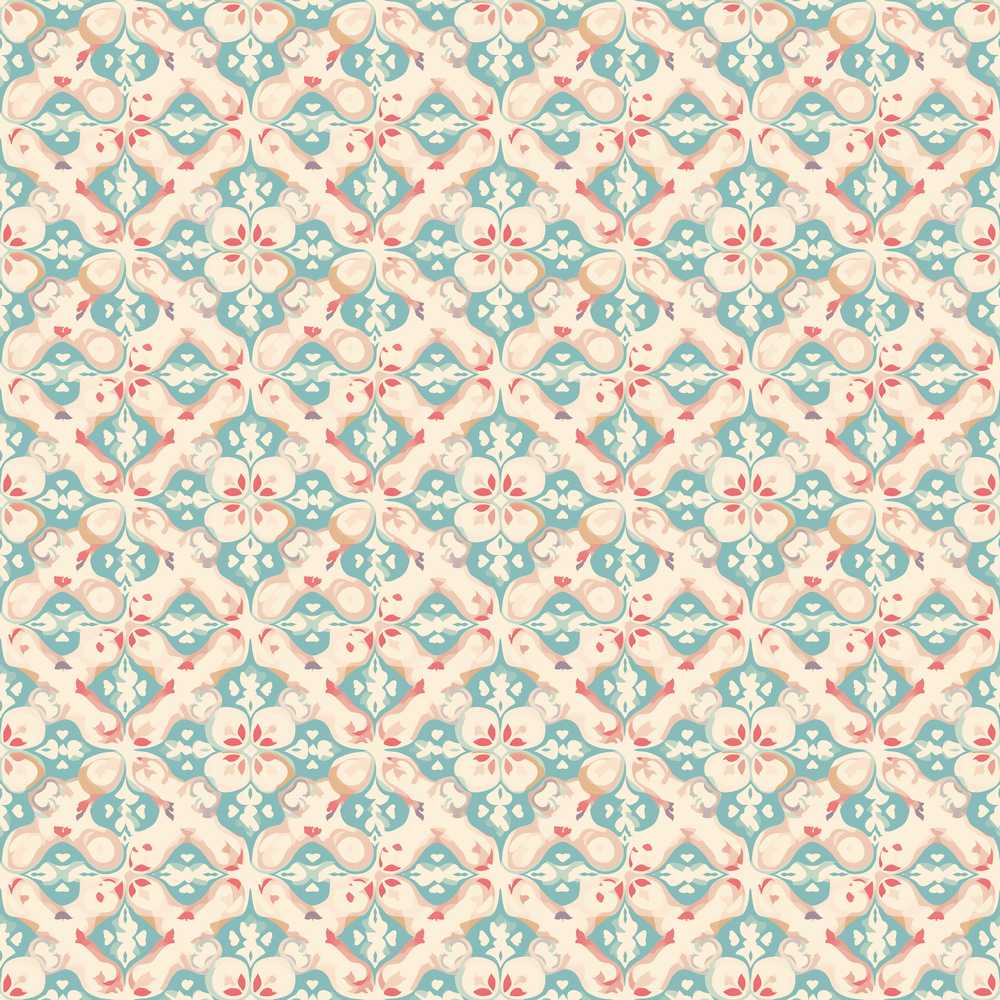 Vintage Tile Floral Motif Teal Cream and Coral Wildflower