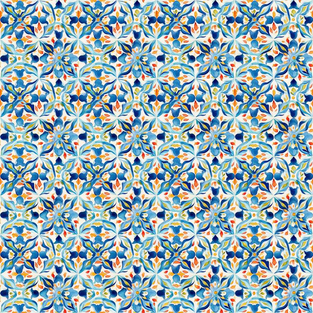 Watercolor Mediterranean Tile Blue and Orange Floral Wildflower Pattern