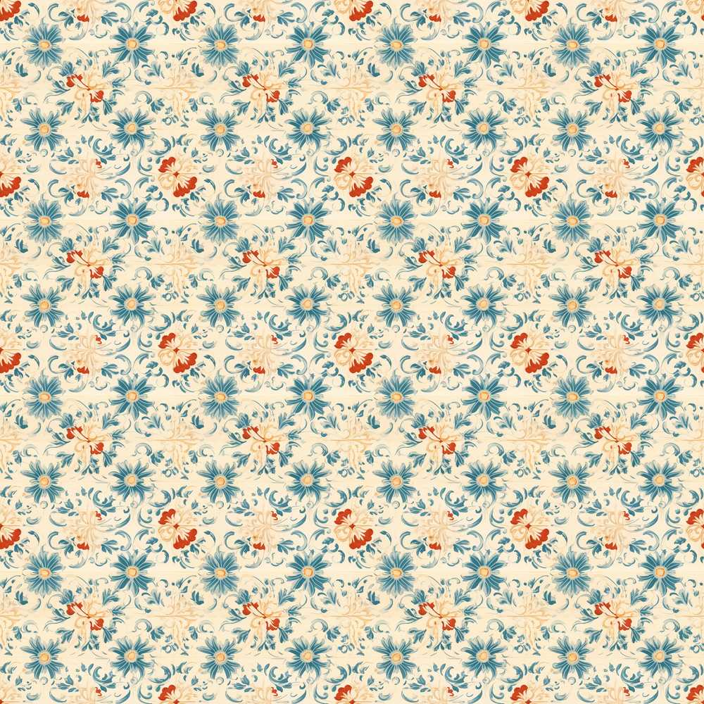 Vintage Botanical Floral Blue Cream and Coral Wildflower Pattern