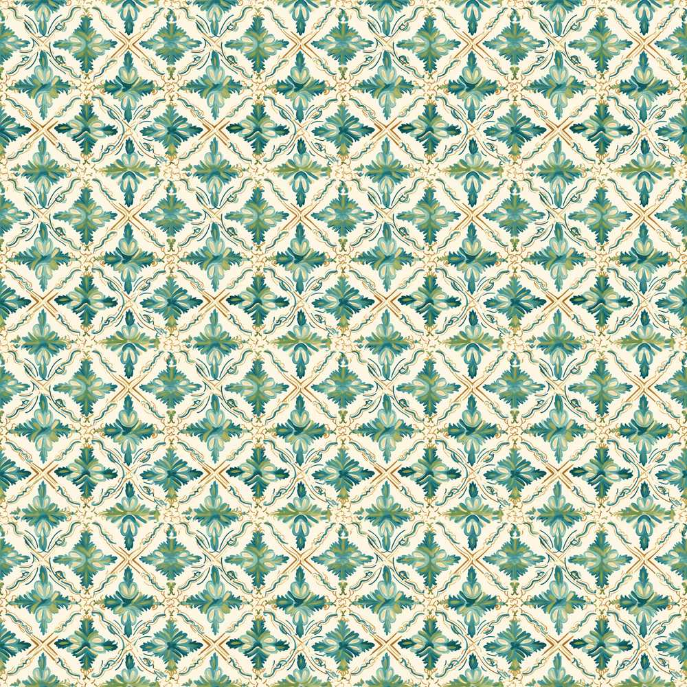 Elegant Geometric Floral Tile Green and Gold Wildflower Pattern