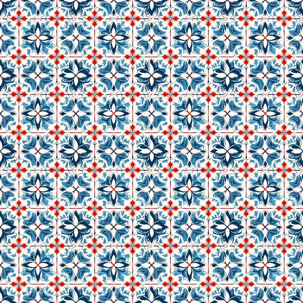 Traditional Blue Red Floral Tile Motif Wildflower Pattern Botanical