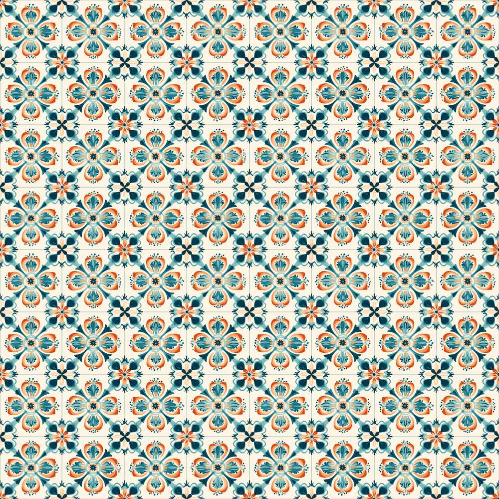 Decorative Floral Tile Teal Orange and Cream Wildflower Pattern