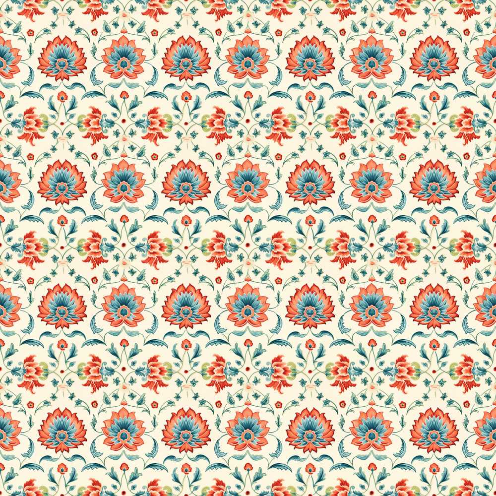 Elegant Folk Floral Red Teal and Cream Wildflower Pattern