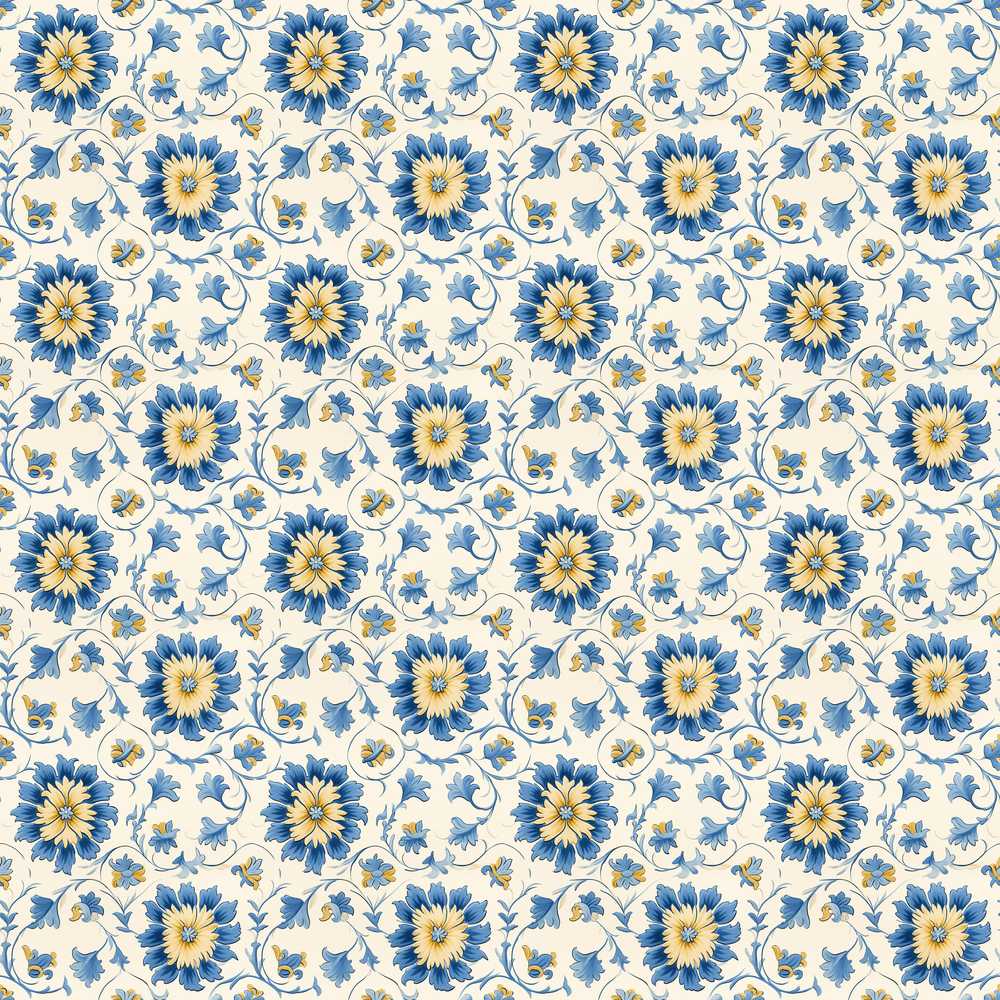 Traditional Blue Floral Vine Cream Background Wildflower Pattern Botanical