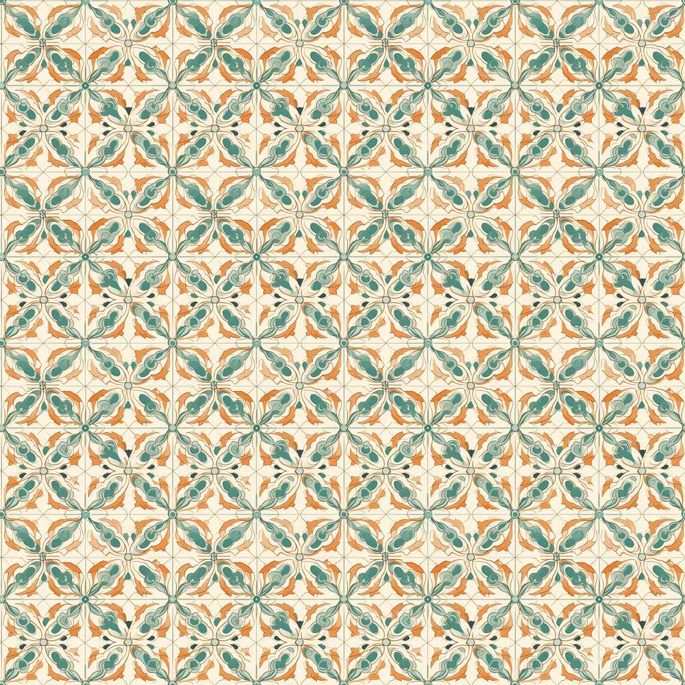 Orange Teal Geometric Floral Tile Wildflower Pattern Botanical
