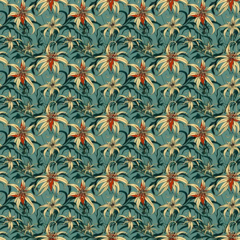 Elegant Tropical Lily Flowers Dark Teal Wildflower Pattern Botanical