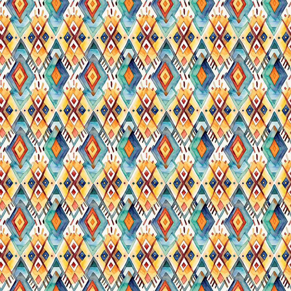 Colorful Diamond Aztec Tribal Watercolor Repeat Pattern Decorative