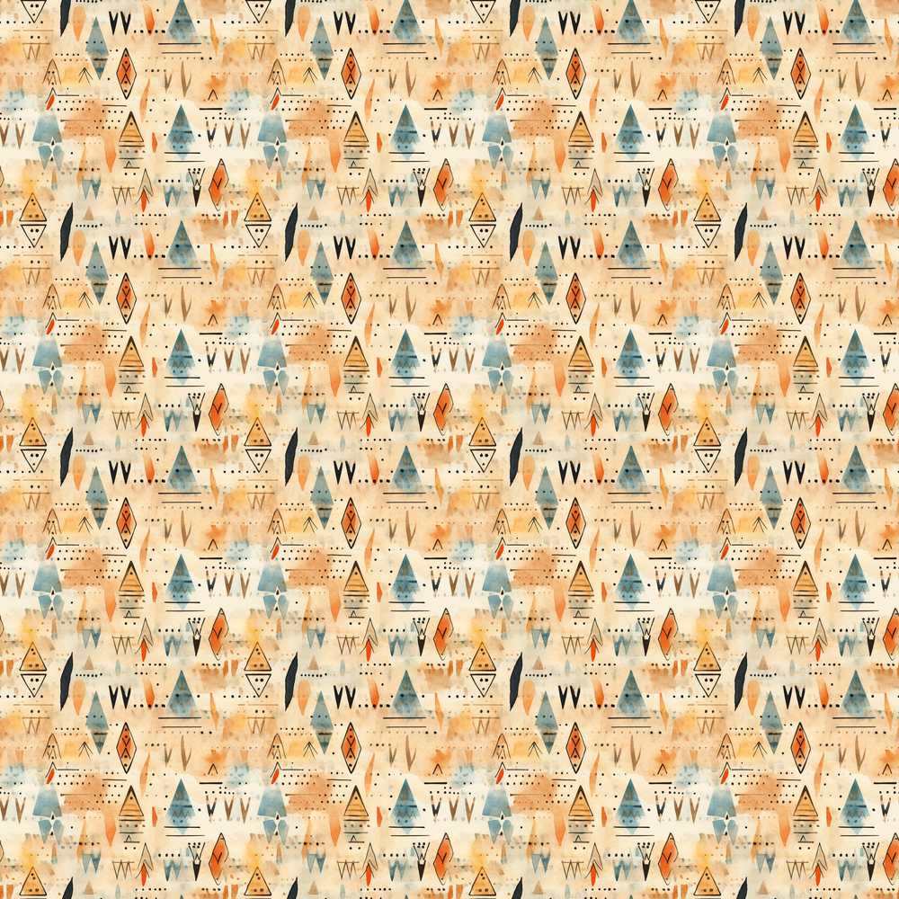 Abstract Tribal Symbols Soft Blue Orange Watercolor Art