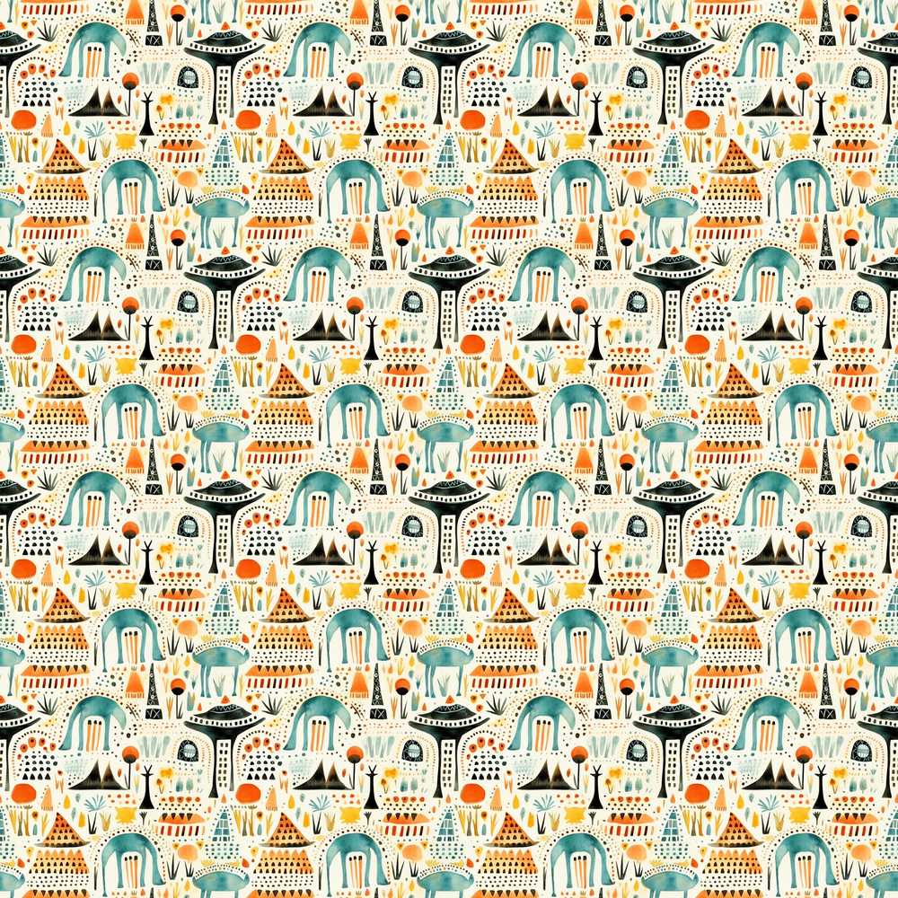Whimsical Tribal Village Houses TreesAbstract Landscape Decorative Repeat