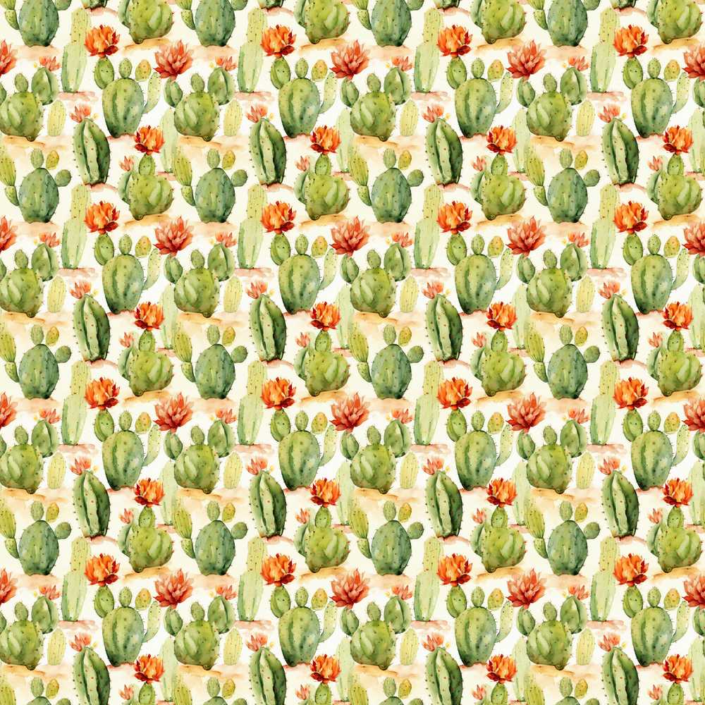 Warm Desert Cactus Orange Blossoms Watercolor Wildflower Pattern Botanical